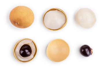 Fresh longan fruit isolated on white background. Top view. Flat lay