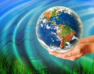 Ecological concept of the environment with the cultivation of trees on the ground in the hands. Planet Earth. Physical globe of the earth. Elements of this image furnished by NASA. 3D illustration