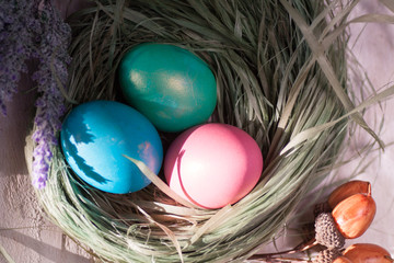 Easter eggs on wooden planks