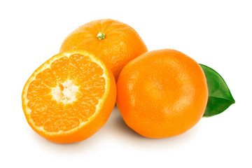 tangerine or mandarin fruit with leaves isolated on white background