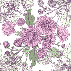 Seamless background with chrysanthemums in sketch style. Beautiful flowers pattern.