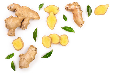 fresh Ginger root and slice isolated on white background with copy space for your text. Top view....