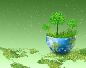 Ecological concept of the environment with the cultivation of trees . Planet Earth. Physical globe of the earth. Elements of this image furnished by NASA. 3D illustration