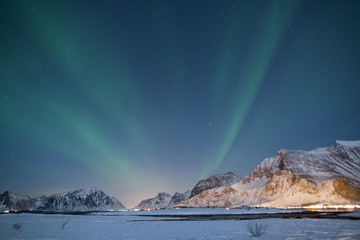 Beautiful northern light display on Lofoten islands in winter