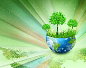 Ecological concept of the environment with the cultivation of trees . Planet Earth. Physical globe of the earth. Elements of this image furnished by NASA. 3D illustration
