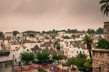 Panorama of Alberobello on a rainy day, Italy