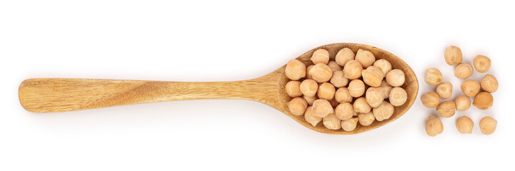 Dry raw organic chickpeas in wooden spoon isolated on white background. Top view