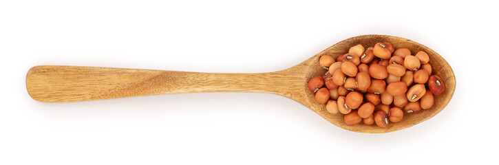 soybeans in wooden spoon isolated on white background top view
