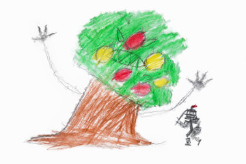 Children's drawing. The tree with green dense krone resists the person with the axe going to cut a...