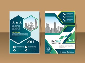 Vector Business brochure, flyers design template, company profile, magazine, poster, annual report, book & booklet cover, with green wavy line, and cityscape vector in background elements, size a4.