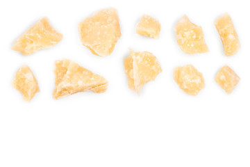 Parmesan cheese pieces isolated on white background with copy space for your text. Closeup. Top view. Flat lay