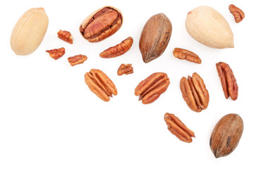 pecan nut isolated on white background with copy space for your text. Top view. Flat lay