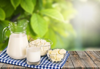 Glass of milk  and Dairy products on  background