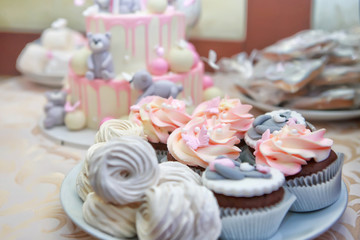  Candy bar for birthday party. Elements of decoration. Cupcakes with bear. Selective focus