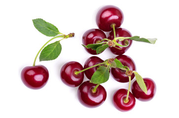 Group of ripe cherries with sprigs and leaves