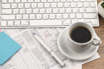 Items for business on a light background on the table, view from the top