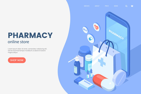 Online pharmacy isometric illustration. Smartphone with shopping bag, medical supplies, bottles liquids and pills. Drug store web page concept. Pharmacy purchases. Vector eps 10.