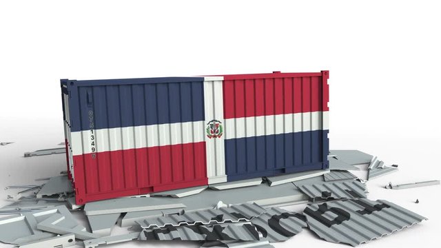 Cargo container with flag of the Dominican Republic breaks container with EXPORT text. Conceptual 3D animation