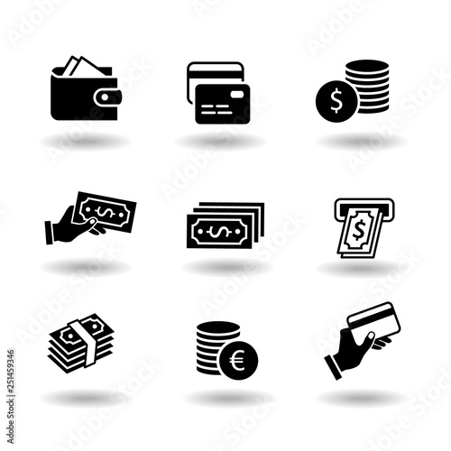 Money And Payment Solid Black Vector Icon Set Euro And - 