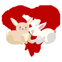 Sweet bunnies illustration with red heart. 