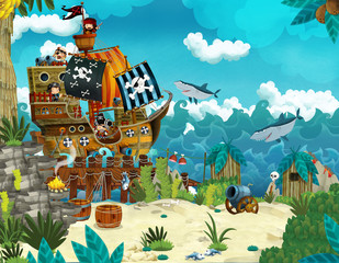 Cartoon scene of beach near the sea or ocean - pirate ship - illustration for children
