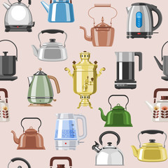 Teapot and kettle vector teakettle or samovar to drink tea on teatime and boiled coffee beverage in electric boiler in kitchen illustration kitchenware set isolated on background