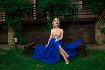 Fototapeta premium Fashion model woman posing sexy, wearing long evening dress