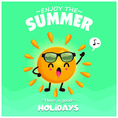 Vintage summer poster design with vector sun & sunglasses characters.
