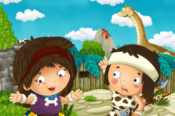 cartoon scene with caveman and girl in the village and diplodocus - illustration for children