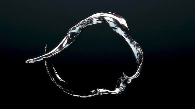Slow motion liquid metal flows in a looping motion across the screen against a dark background. Matte is included for compositing.