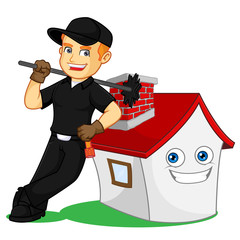 Chimney Sweeper leaning on a house