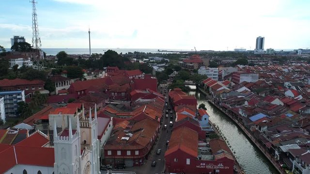 Aerial view Melacca history, Christ Church, an 18th-century Anglican church in the city of Melaka, Malaysia. It is also the oldest functioning Protestant church in Malaysia.