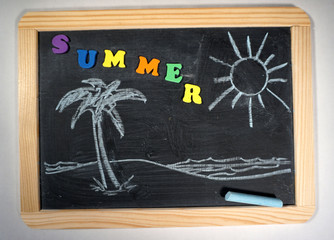 Summer design on chalkboard with palm tree and beach