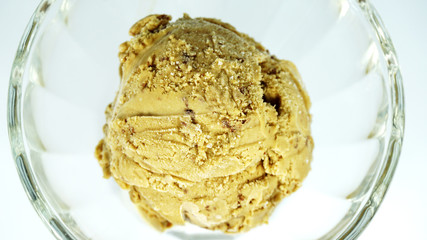 Scoop mocha Ice cream In a glass cup, Food concept, Top view Blank for design.