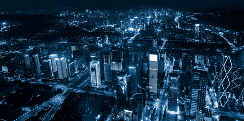 A bird's eye view of the urban architecture at night..