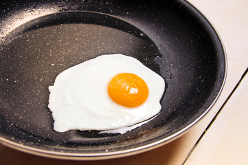 closeup of one fried egg in pan 