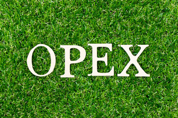 Wood letter in word opex (abbreviation of operating expense) on green grass background