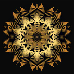 Modern Decorative Floral Mandala. Decorative Cicle Ornament. Floral Design. Vector Illustration. Can Be Used For Textile, Greeting Card, Coloring Book, Phone Case Print. Luxury gold black color