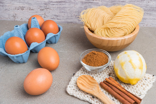 Ingredients for cooking vermicelli pudding with cinnamon. Aletria is a classic Portuguese vermicelli pudding and this is a traditionally served at Christmas time