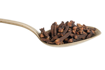 Dried cloves isolated in a spoon on white background. Aromatic seasoning.