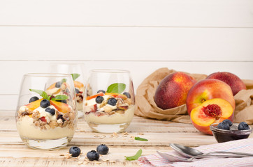 Granola with peaches, yogurt and blueberries