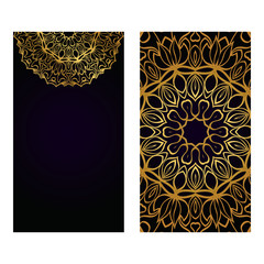 Visit Card Template With Floral Mandala Pattern. Vector Template. Islam, Arabic, Indian, Mexican Ottoman Motifs. Hand Drawn Background. Luxury black gold color