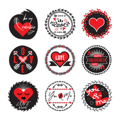 Black and red circle cute love and heart valentines emblems set on white background