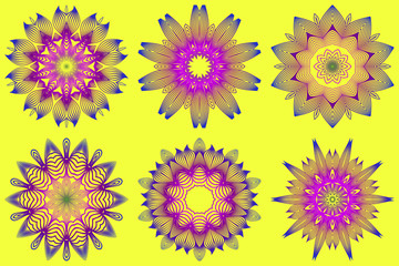 Fototapeta na wymiar Set of Ornamental Circle Pattern. Sacred Oriental Mandala. Color Floral Ornament. Vector Illustration. For Coloring Book, Greeting Card, Invitation, Tattoo. Yellow purple color