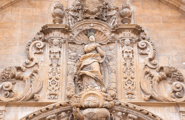 Fototapeta na wymiar PALMA DE MALLORCA, SPAIN - JANUARY 29, 2019: The Immaculate conceptoin on the baroque portal of church La iglesia de Monti-sion (1624 - 1683).