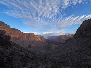 Sunrise and first light on the canyon walls on the Hermit Trail in Grand Canyon National Park, Arizona.