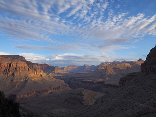 Sunrise and first light on the canyon walls on the Hermit Trail in Grand Canyon National Park, Arizona.