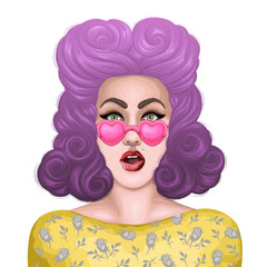 Vector painted shocked pin up girl with open mouth in surprise. Fashion model in pink heart shaped glasses with colorful dyed wavy hair of a purple and  violet hue.  Isolated on white background