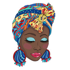  Vector Colorful portrait of a beautiful African American woman in a scarf drape with ornament and a knot on her head. Close-up face fashion model with closed eyes and large earrings. Isolated on whit