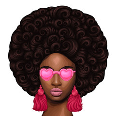 Vector colored portrait of a African girl with magnificent curly afro hairstyle in retro style. Close-up face fashion model in pink heart shaped glasses with earrings tassels. Isolated on white back